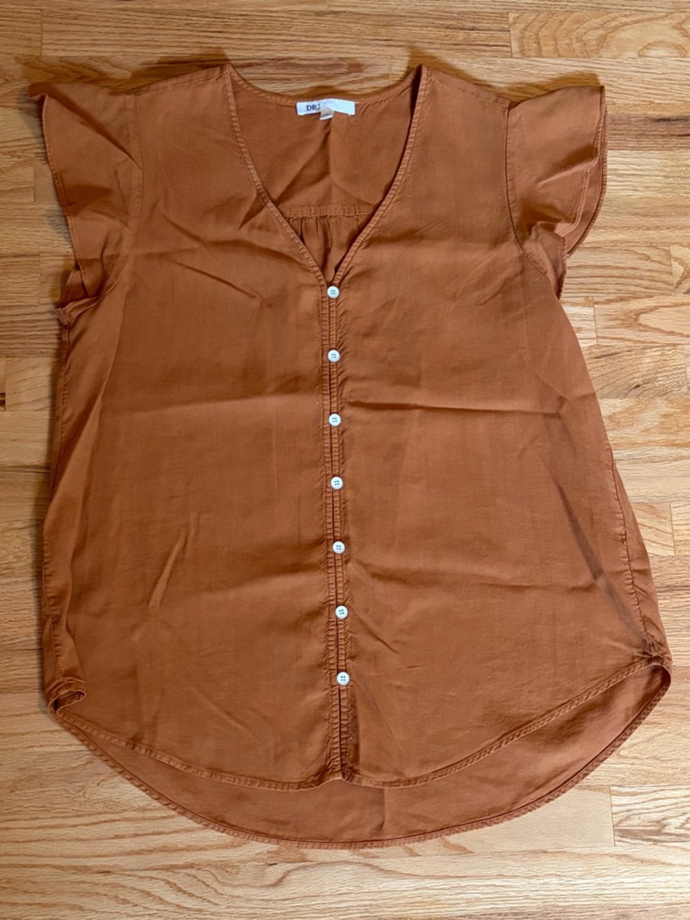 Button-Front V-Neck Flutter Sleeve Top — Rust